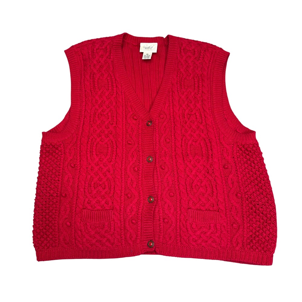 Essential Elements Red Chunky Cable Knit Sweater Vest Button Front‎ Cotton XL
